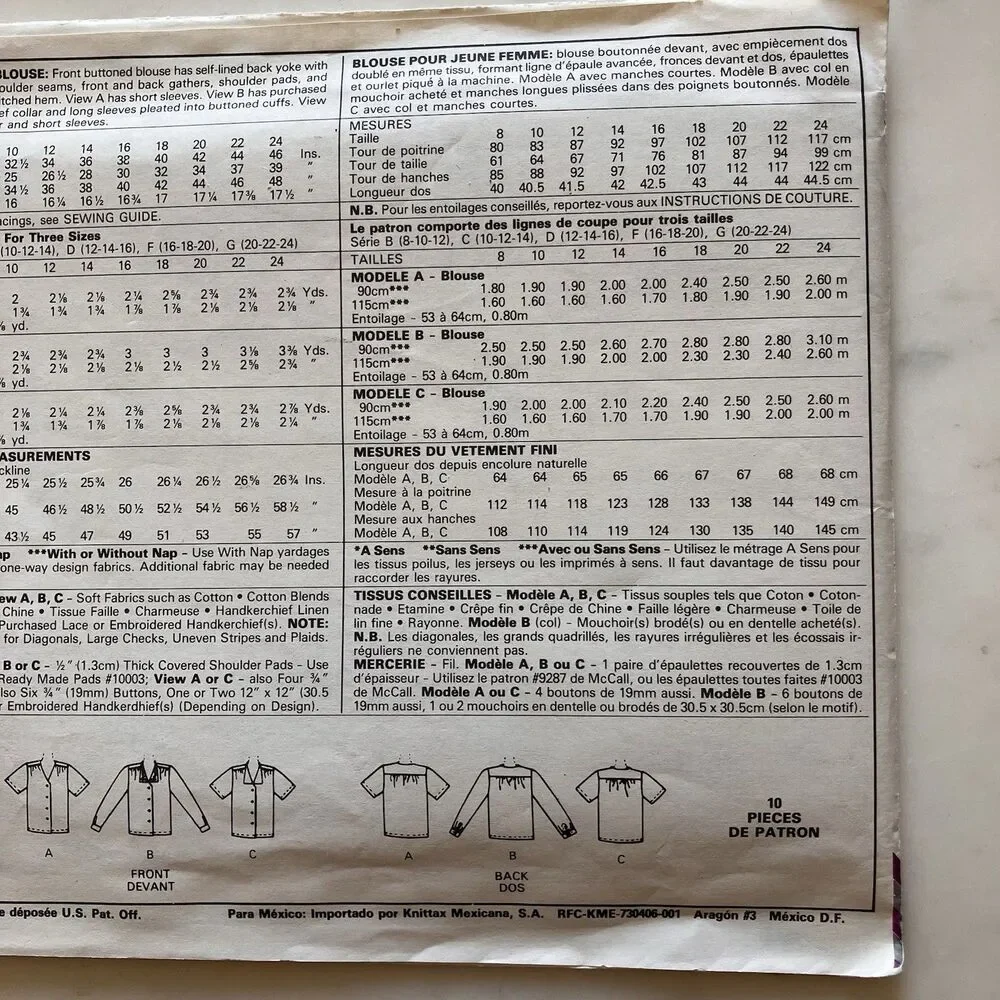 Vintage‎ McCall's Pattern 2915 Women’s Day Collection Blouses Sz 12-14-16 Uncut